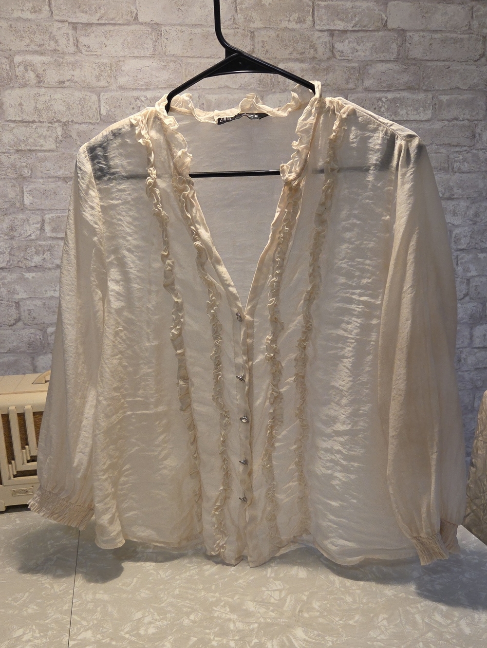 Zara Cream Ruffle-Trim Button Front Blouse